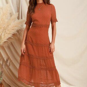 Lulu's Rust Orange Swiss Dot Midi Dress XS